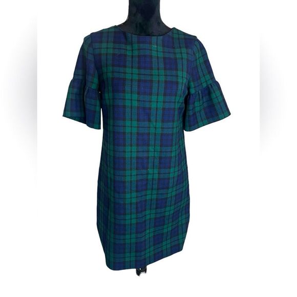 VINEYARD VINES NAVY GREEN PLAID PUFF SLEEVE KNEE LENGTH DRESS SIZE 0 - Picture 1 of 14